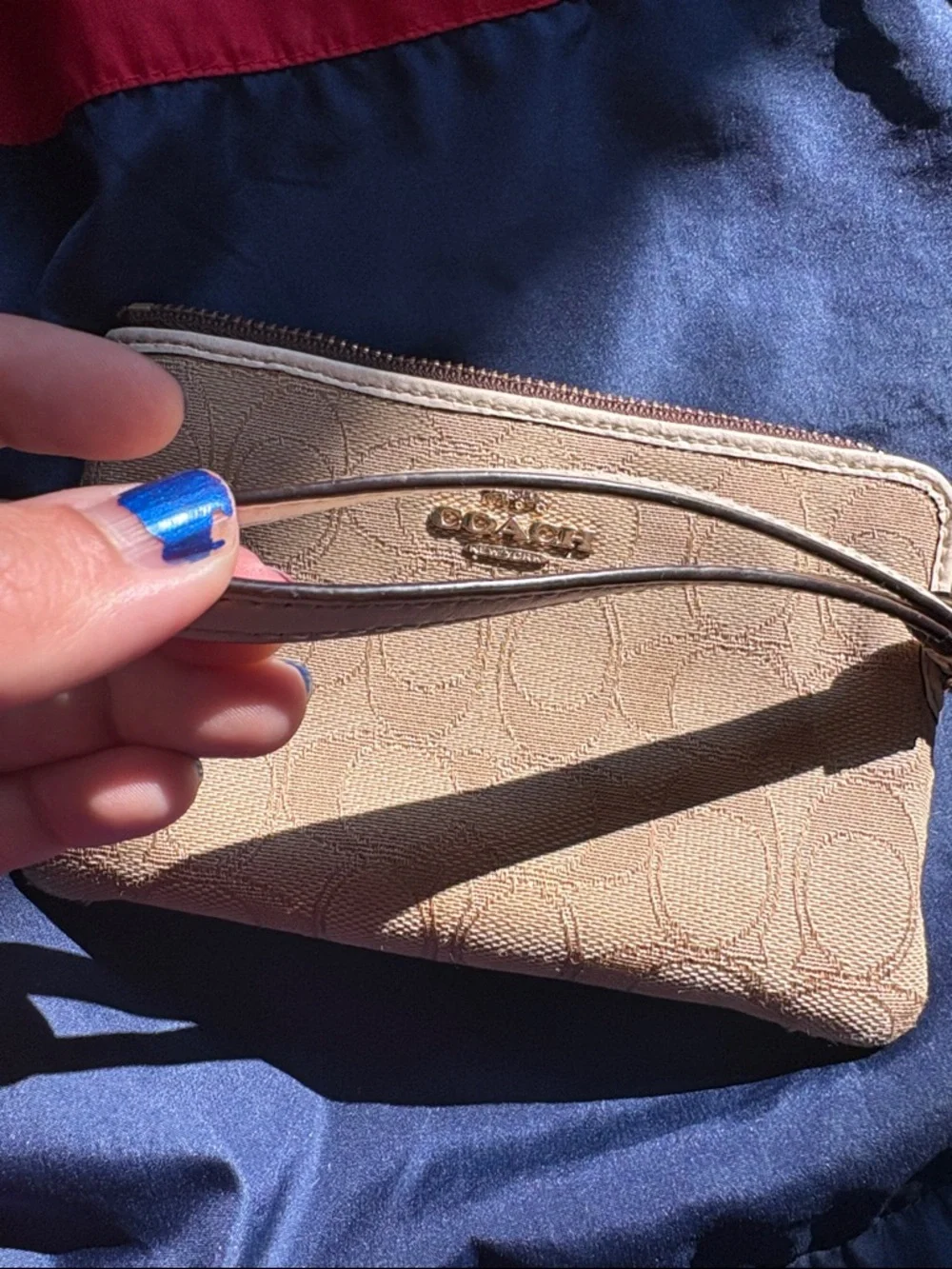 Coach Double Corner Zip Wristlet In Signature Canvas Beige Tan Brown